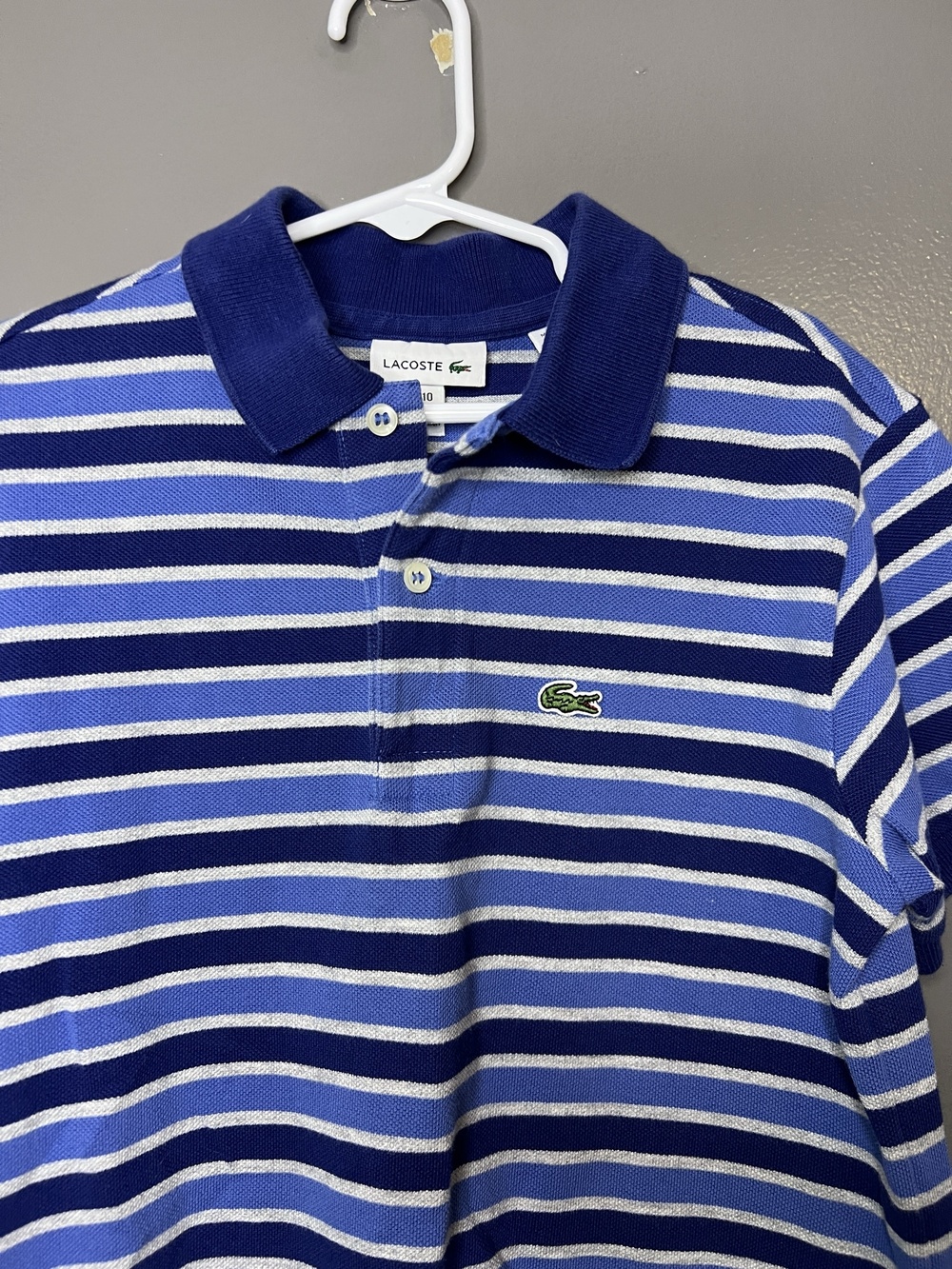 Lacoste Polo Shirt Kids 10 Blue White Stripe Short Sleeve Knit Cotton Casual